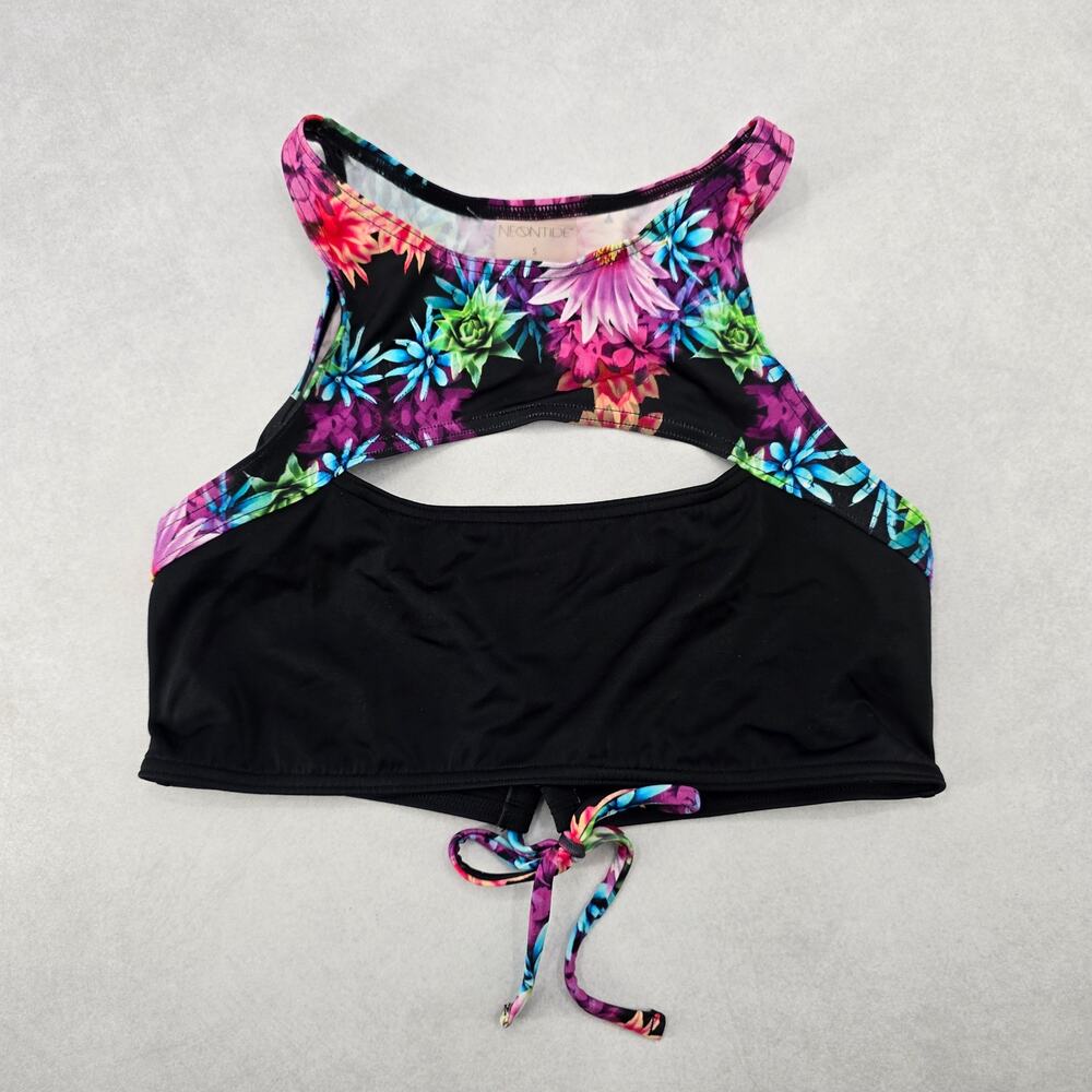 Neontide Black Floral Sports Bra Cutout Active Bikini Bralette Swim‎ Top S Small
